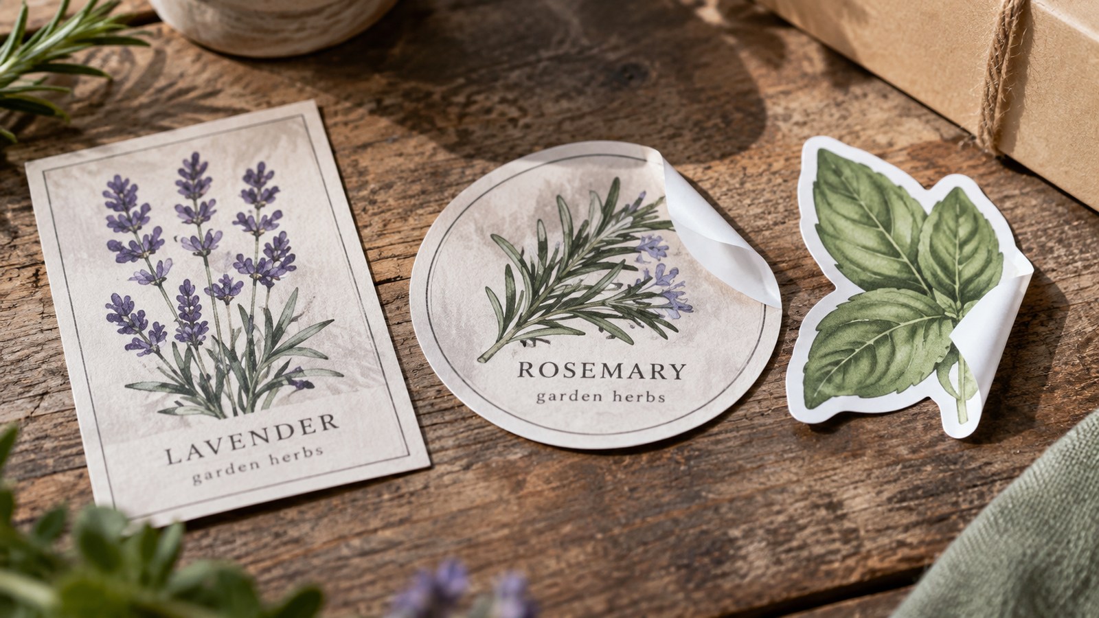 Botanical labels in rectangular round and contour-cut formats