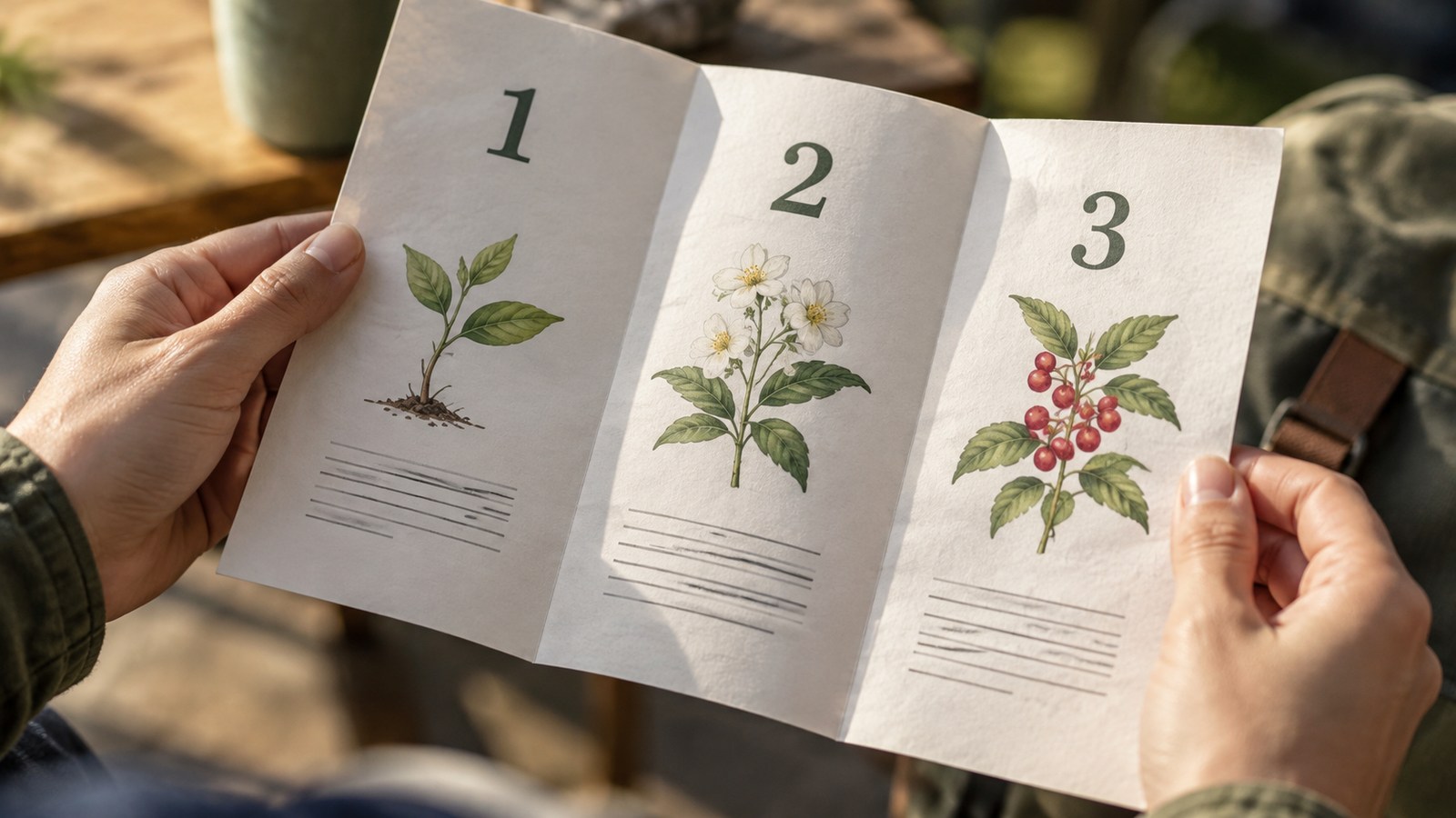 Hands opening a three-panel leaflet with numbered sections