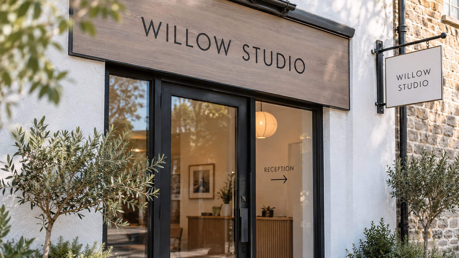 Fictional Willow Studio entrance with fascia projecting and reception signs