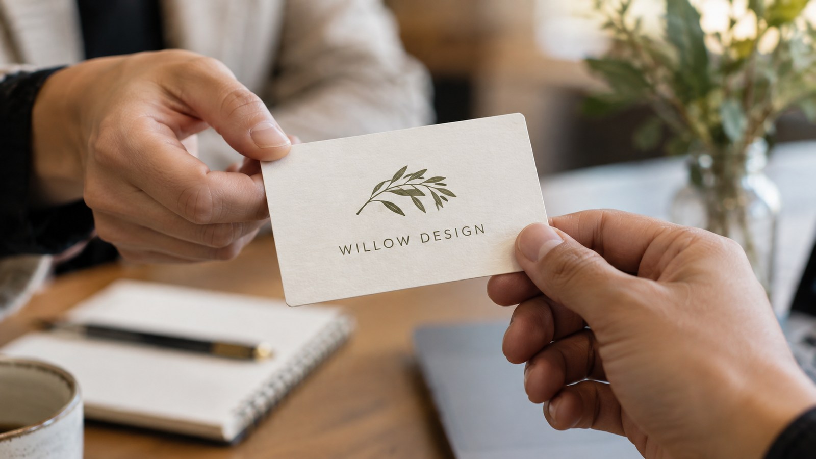 Hands passing a fictional Willow Design business card