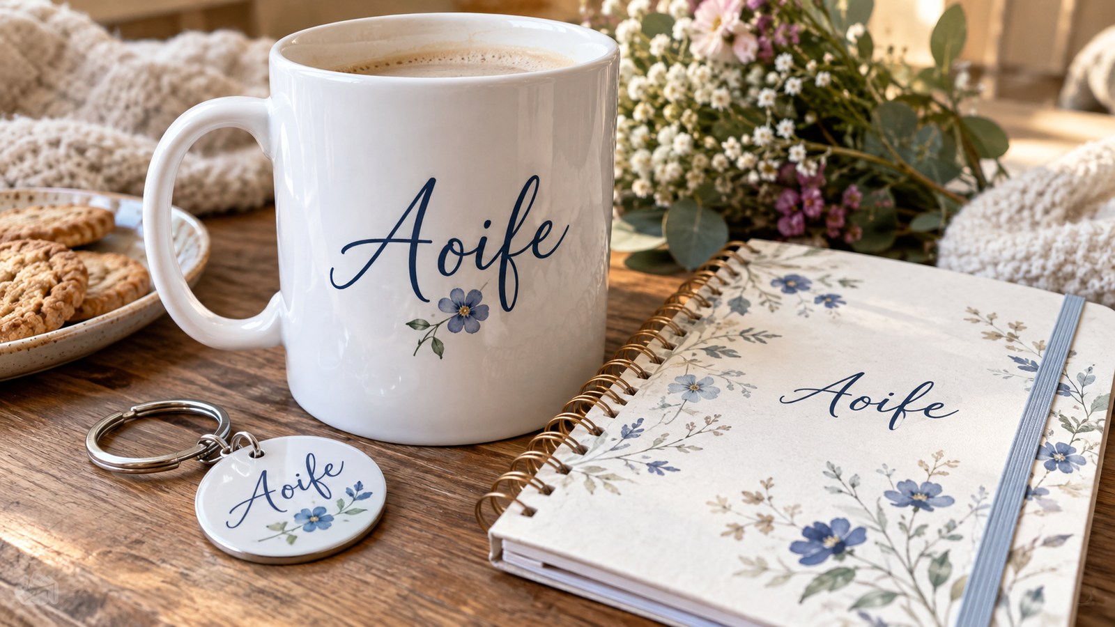 Mug keyring andnotebook personalised with the name Aoife