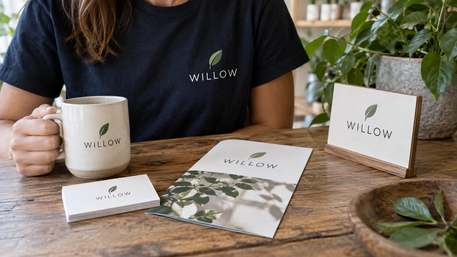 Fictional Willow identity repeated across garments mug and printed pieces