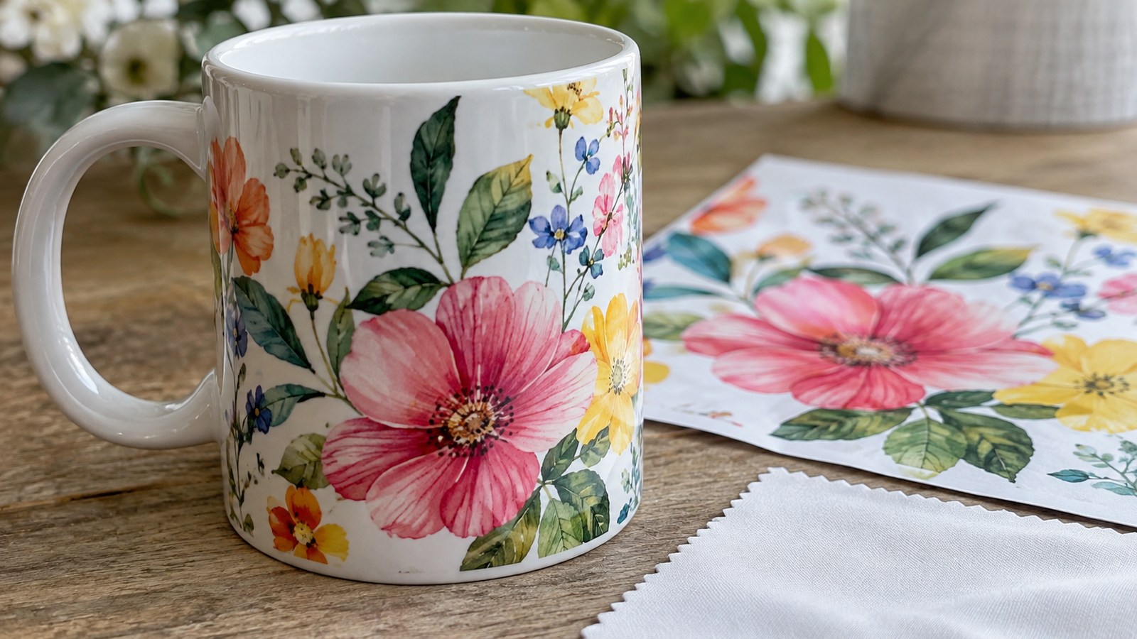 Closeup floral mug print beside matching transfer artwork