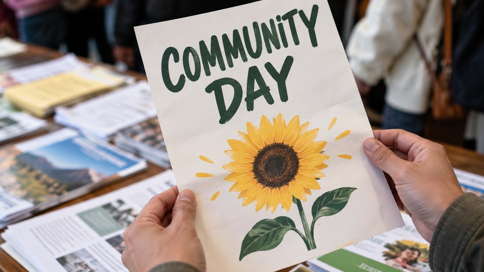 Community Day flyer held above other printed materials