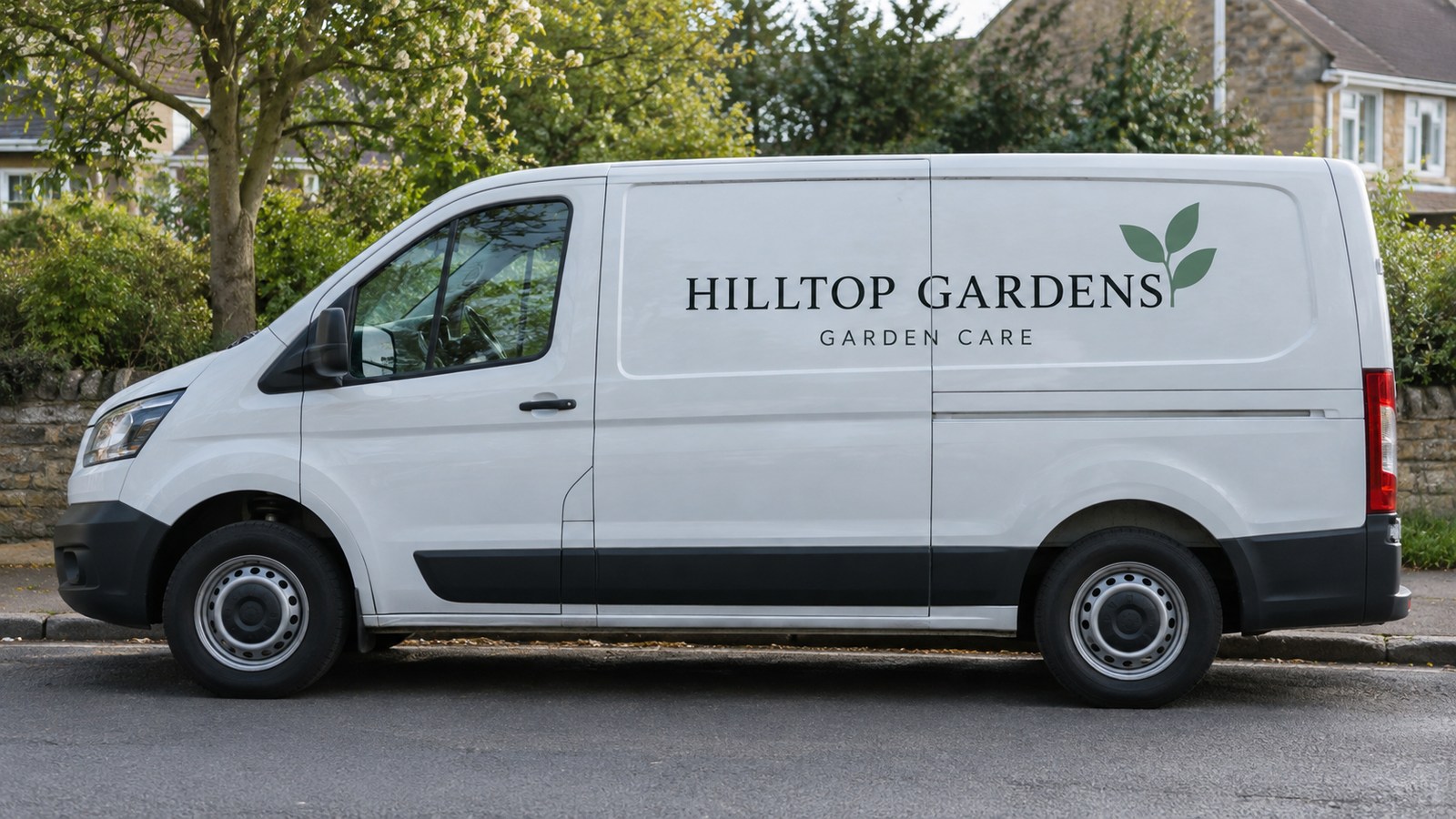 Illustrative white van with restrained Hilltop Gardens lettering