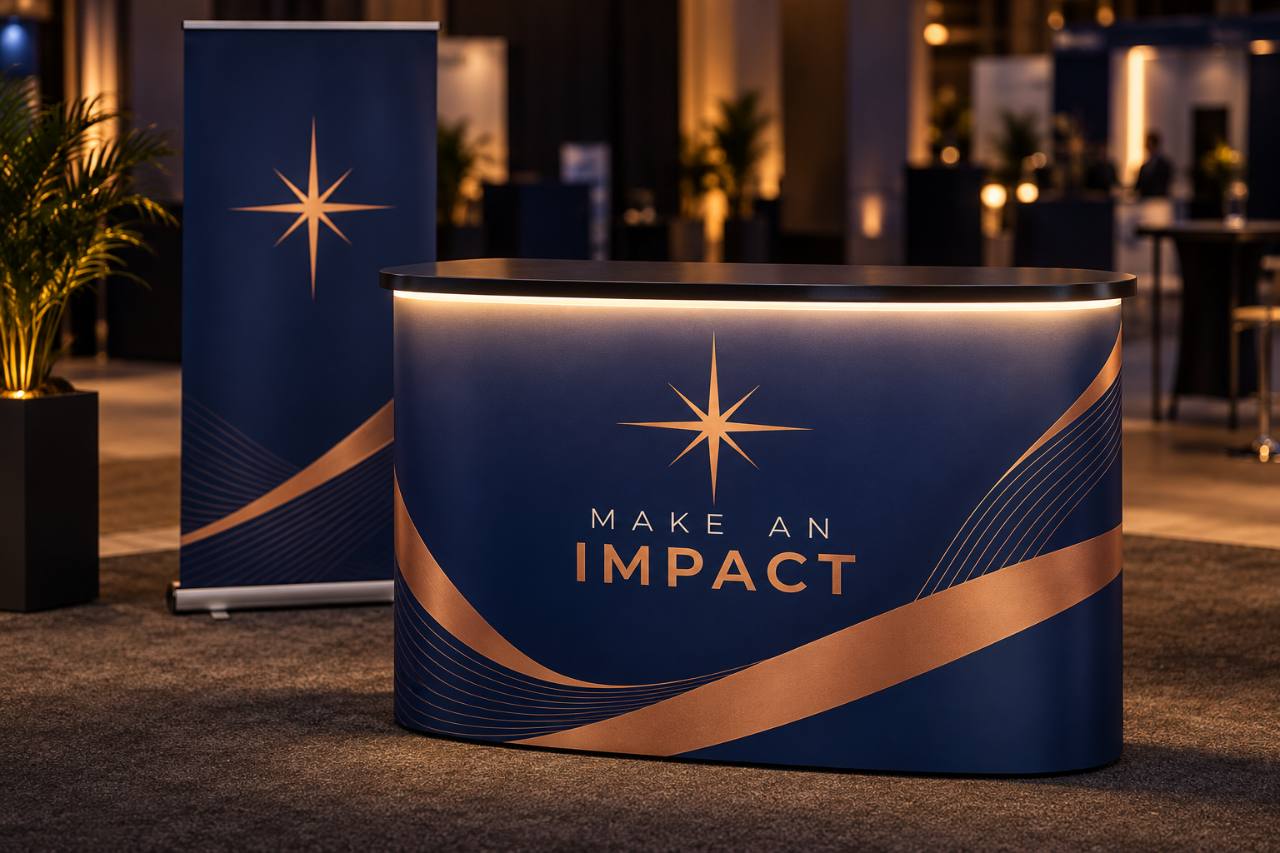 Branded advertising counter with a matching roll-up banner at an indoor event