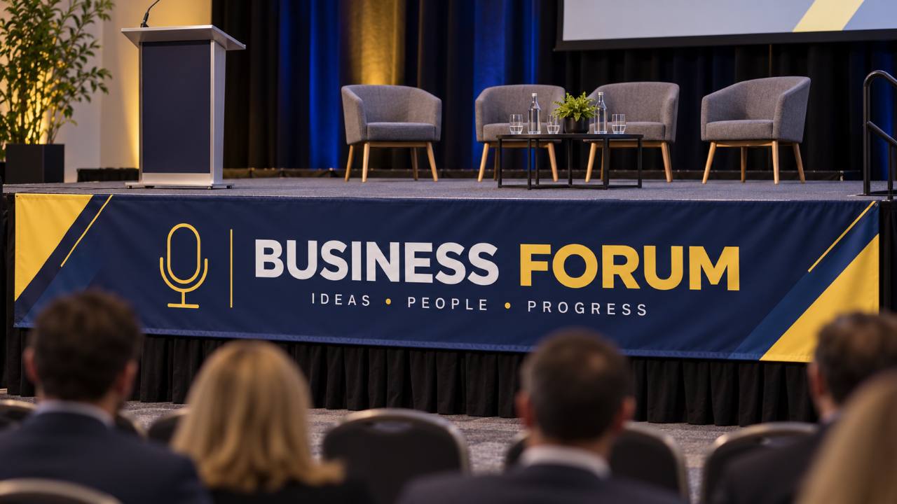 Branded banner fitted across the front of a conference stage