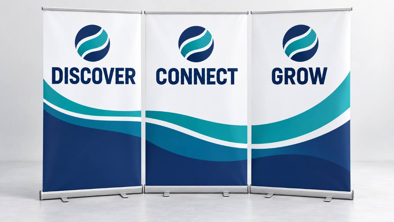 Coordinated set of three roll-up banners forming a wider display