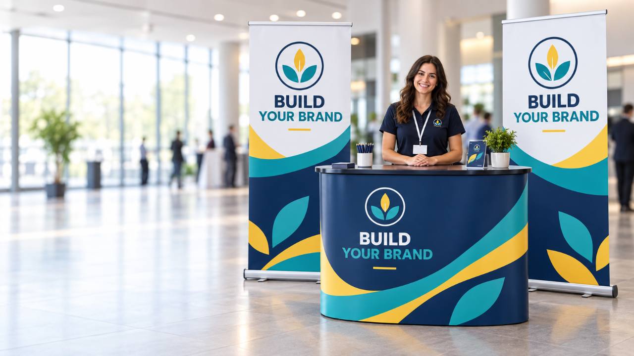 Exhibition stand with a branded counter, two roll-up banners and a staff member