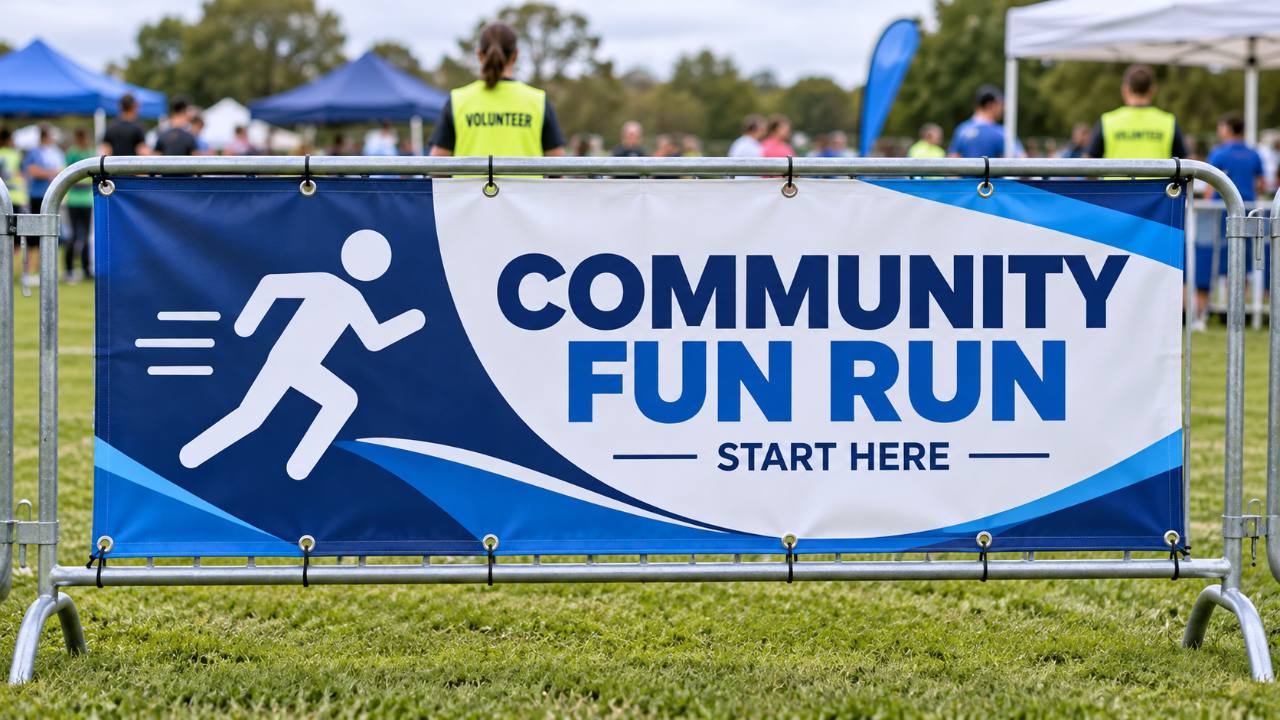 Outdoor event banner secured to a crowd-control barrier