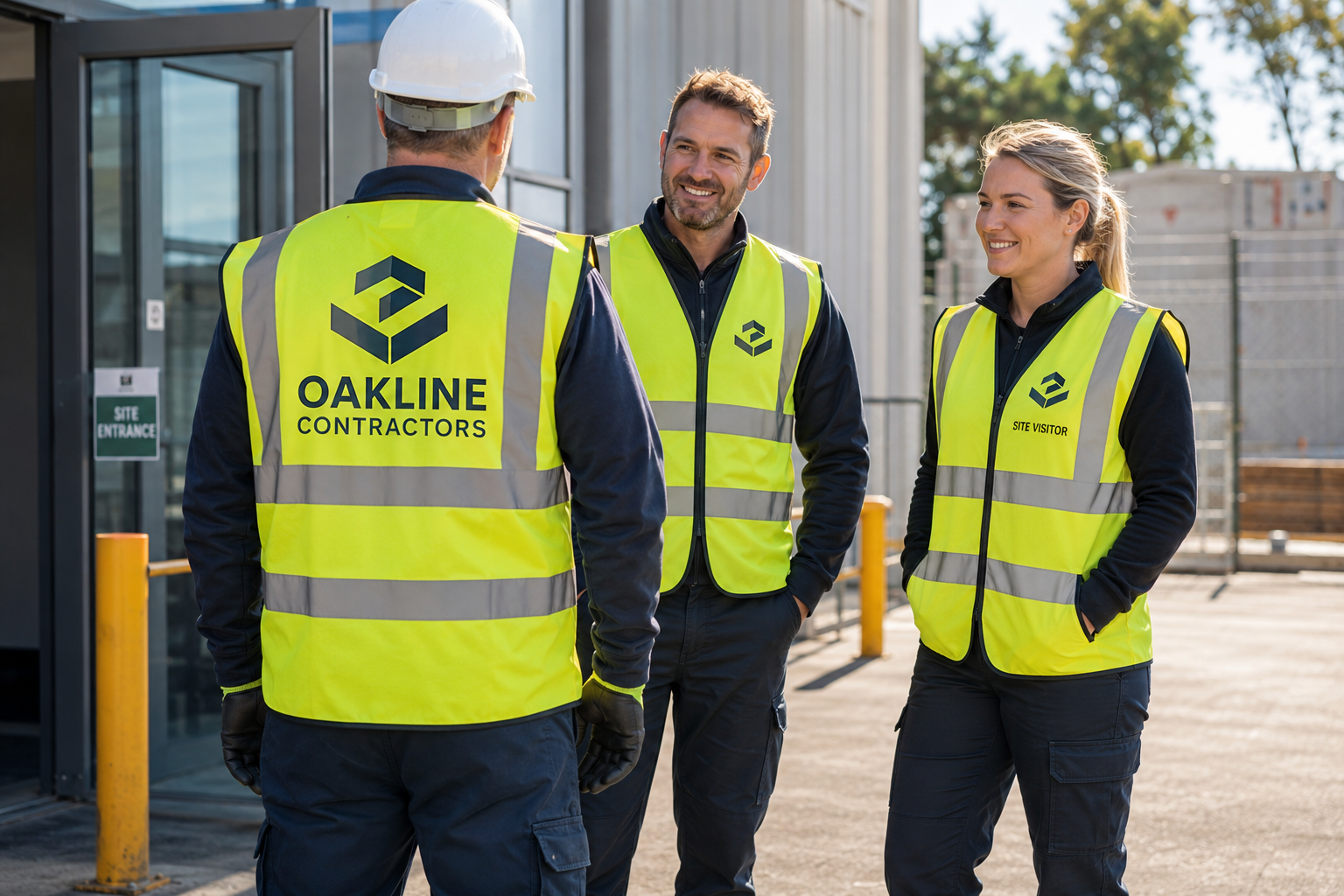 Contractors wearing yellow branded hi-vis vests with business logos