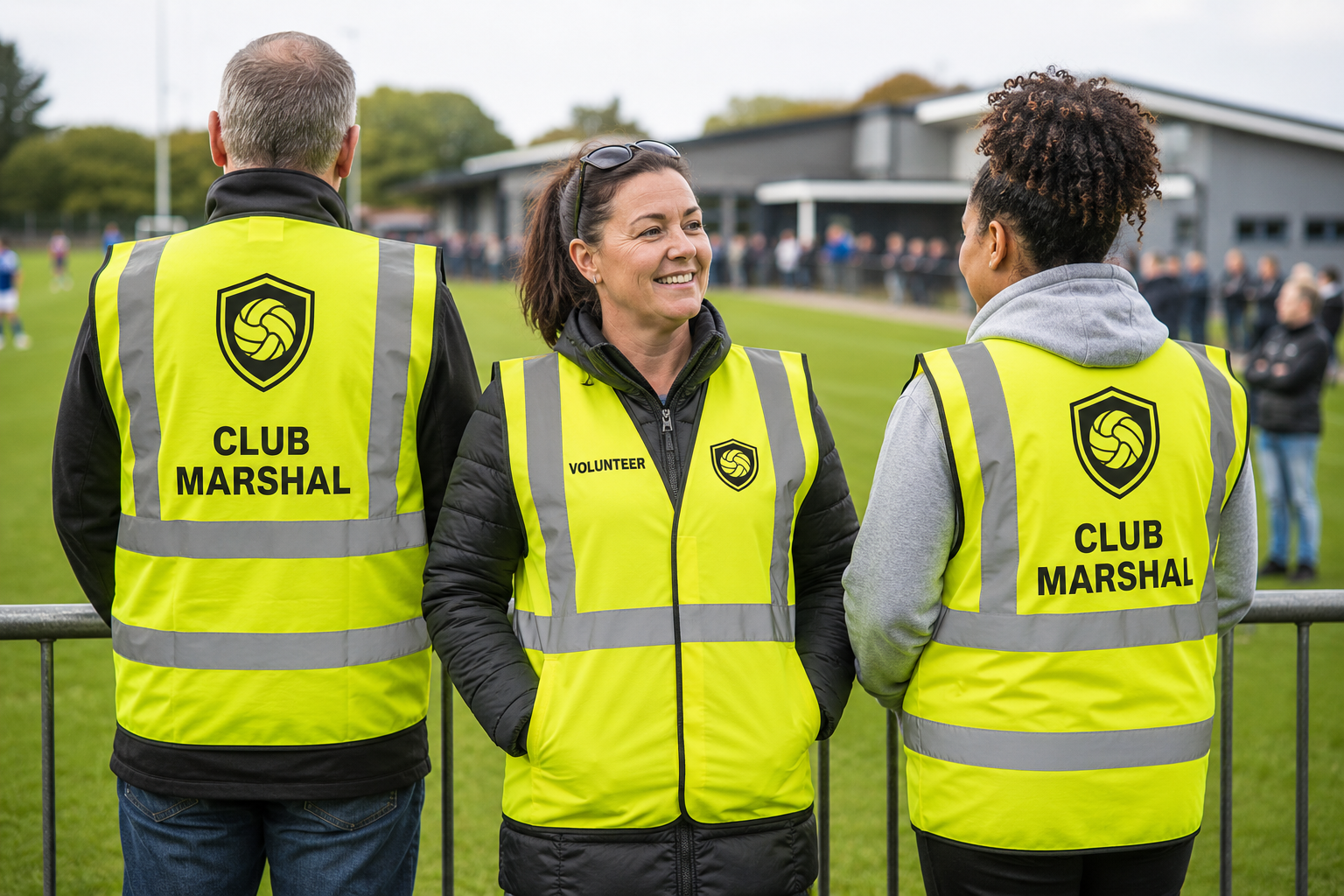 Sports club volunteers wearing printed club marshal hi-vis vests