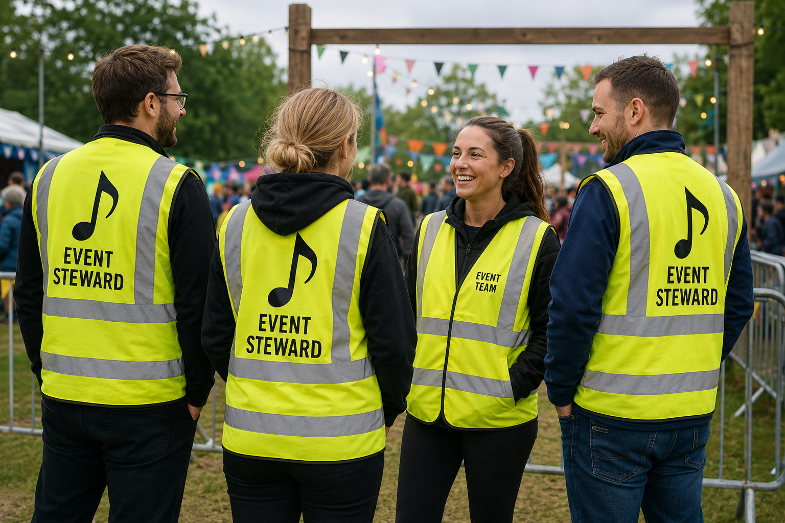 Event team wearing printed event steward hi-vis vests