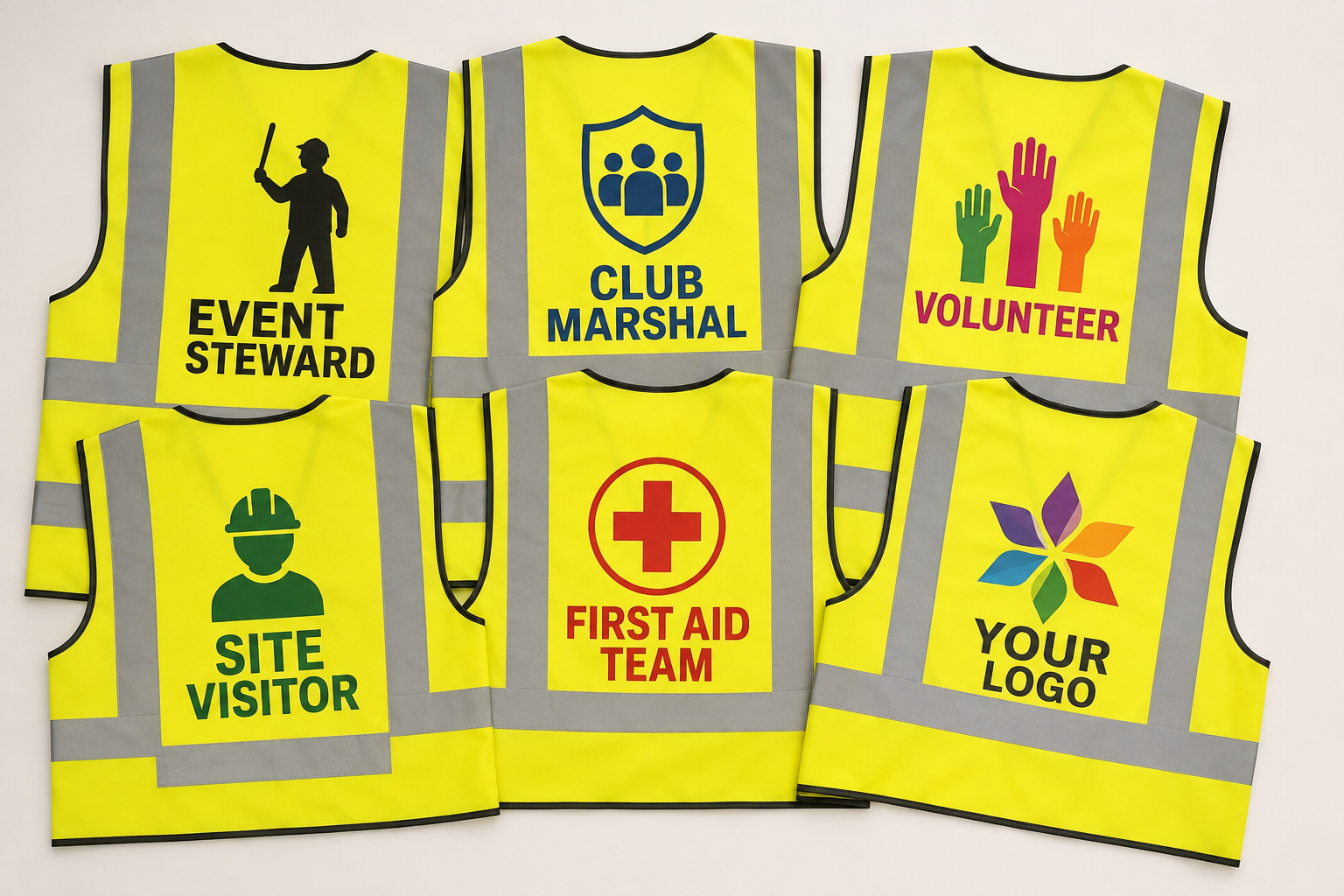 Printed hi-vis vests for event stewards, club marshals, volunteers, visitors and first aid teams