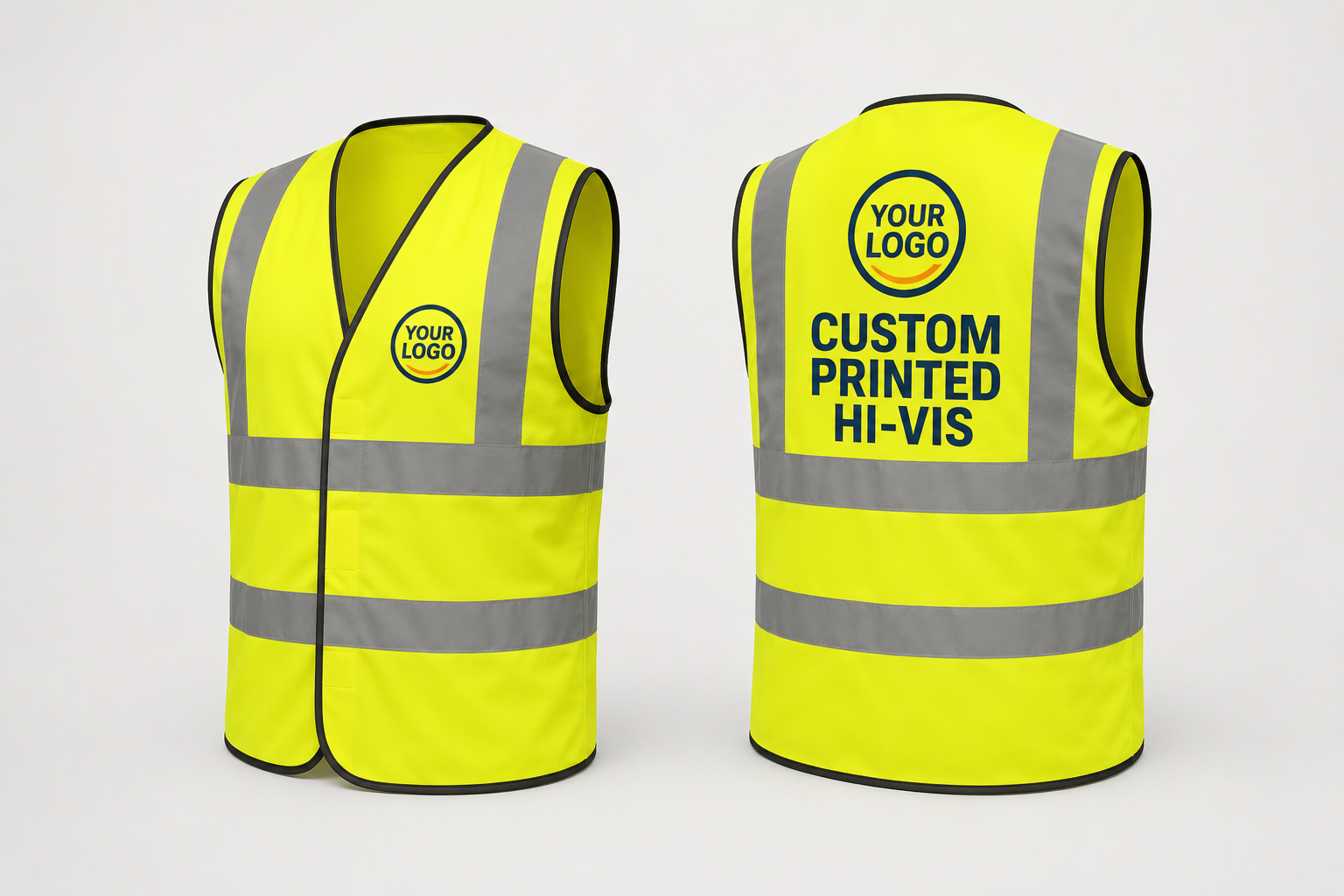 Front and back view of a custom printed yellow hi-vis vest