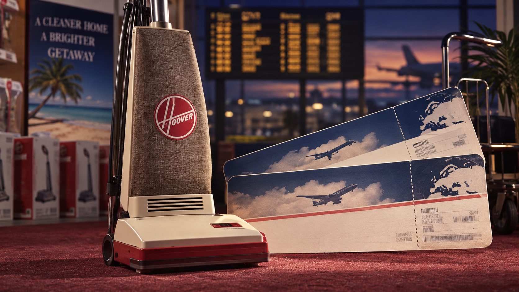 A Hoover upright vacuum cleaner beside two airline tickets, illustrating the free-flights promotion