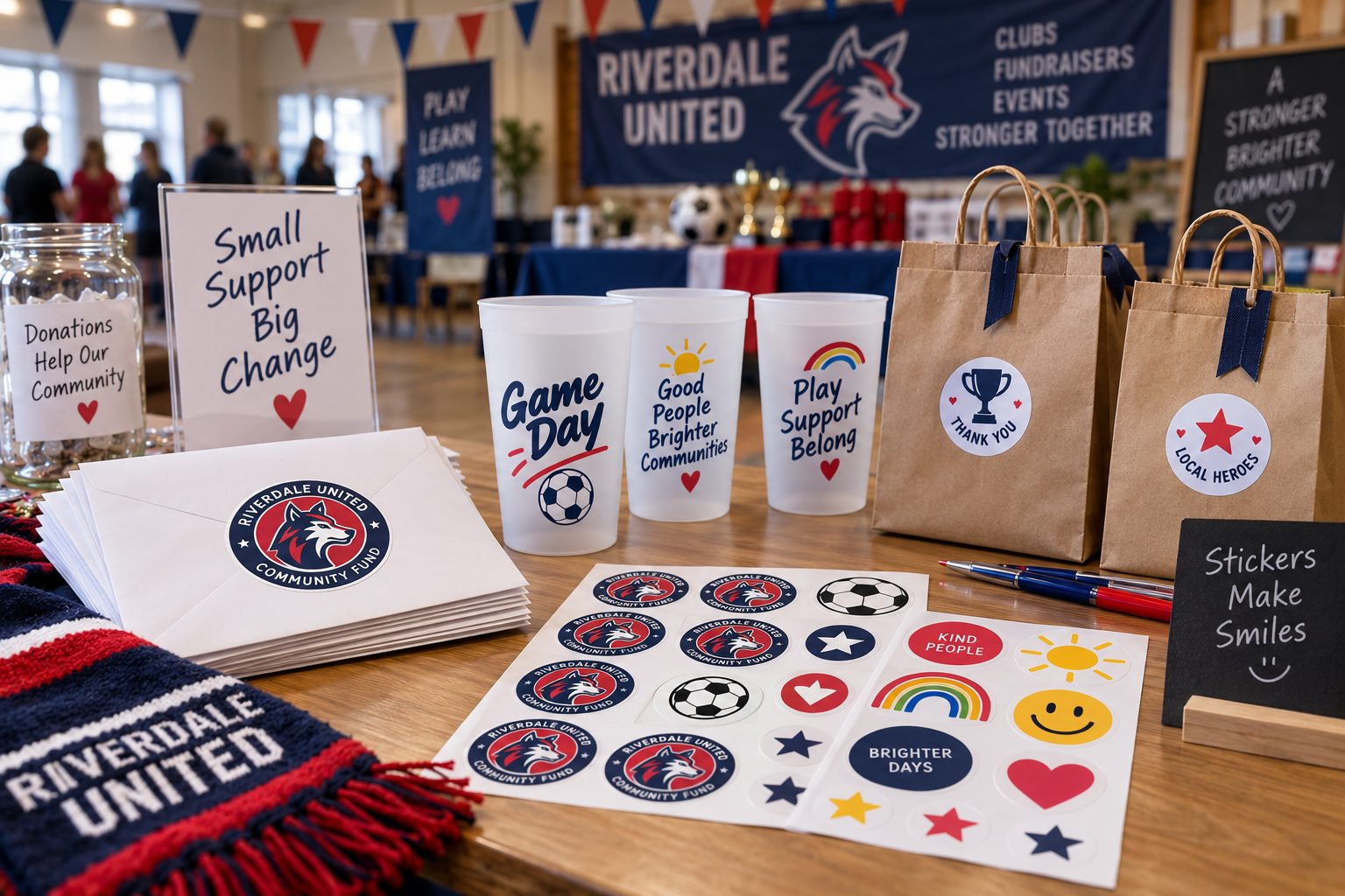 Illustration of club fundraising stickers on envelopes cups and event bags