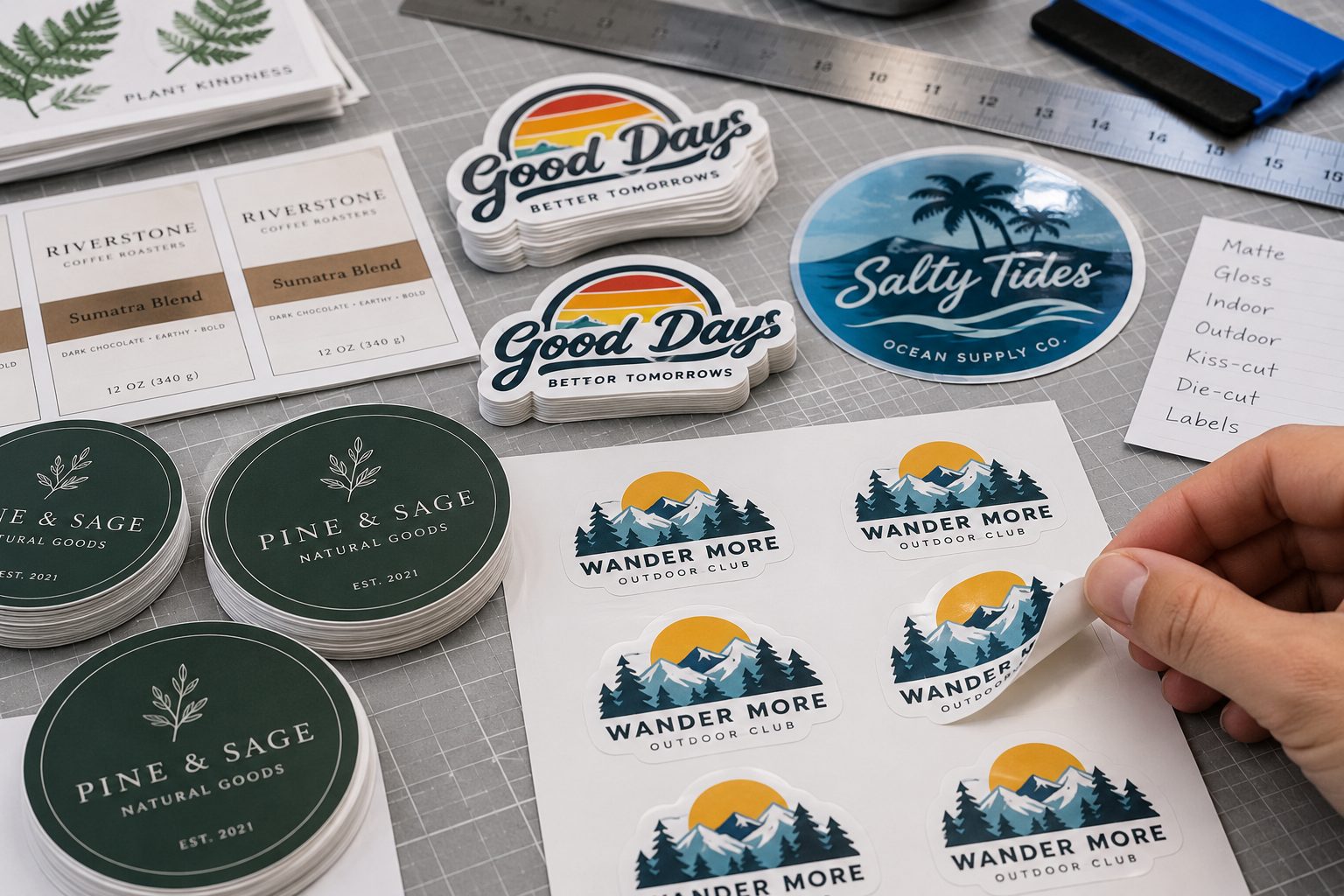 Illustration of printed logo stickers being lifted from a sticker sheet