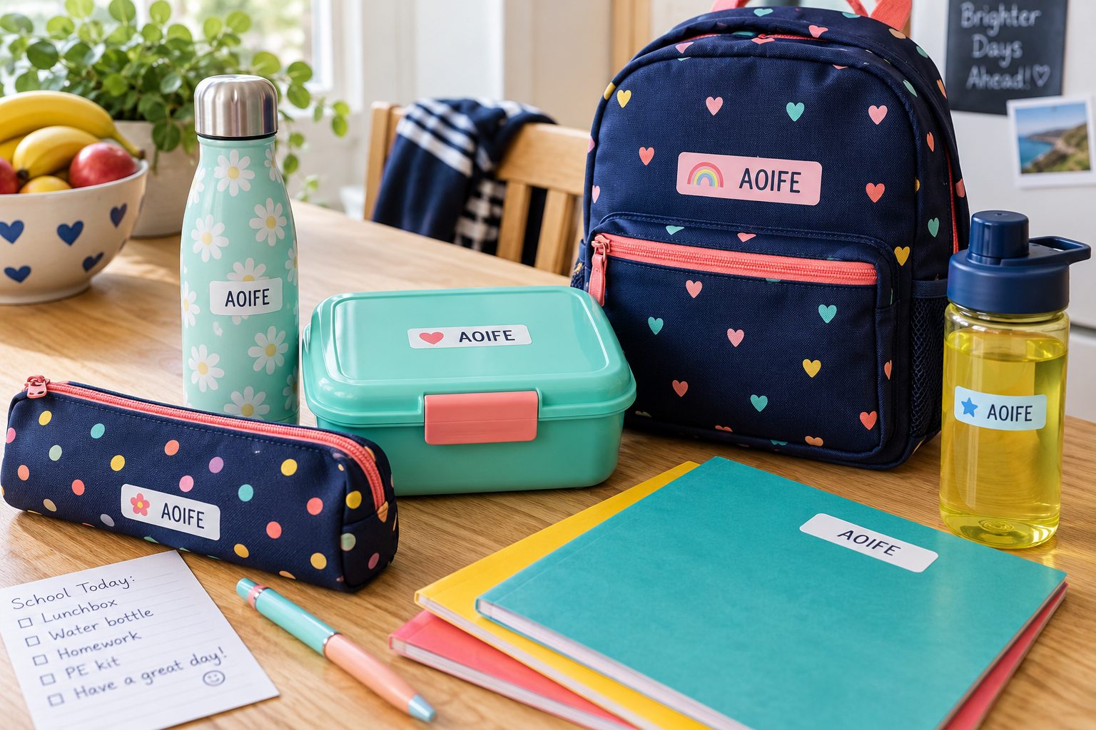 Illustration of personalised name labels on school belongings