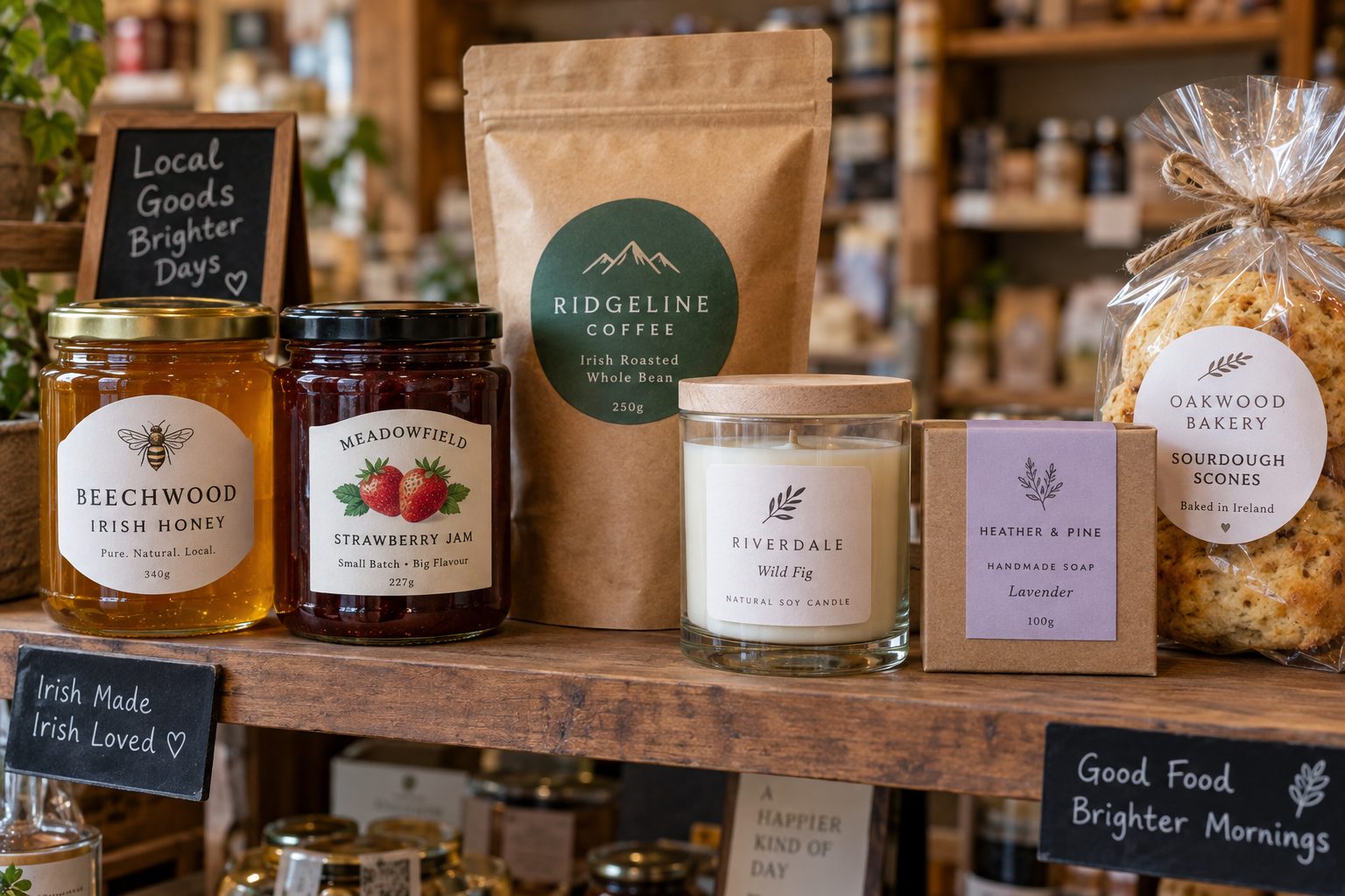 Illustration of printed labels on jars coffee packaging candles soap and bakery packaging