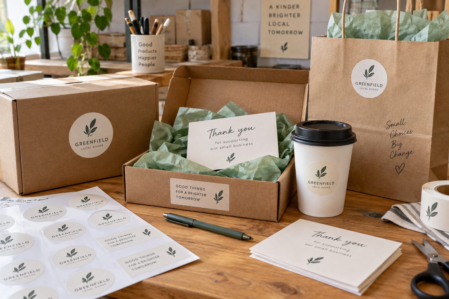 Illustration of coordinated small-business packaging labels stickers and thank-you cards