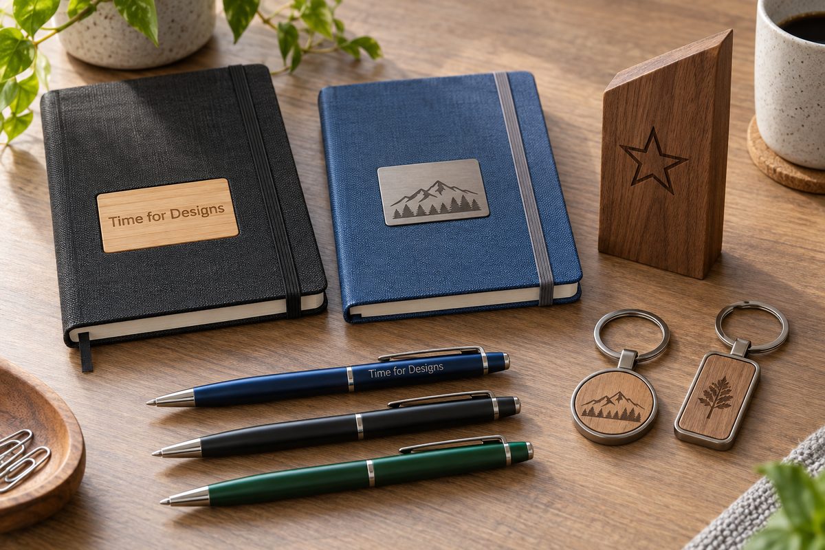 Illustrative personalised business notebooks, pens and keyrings
