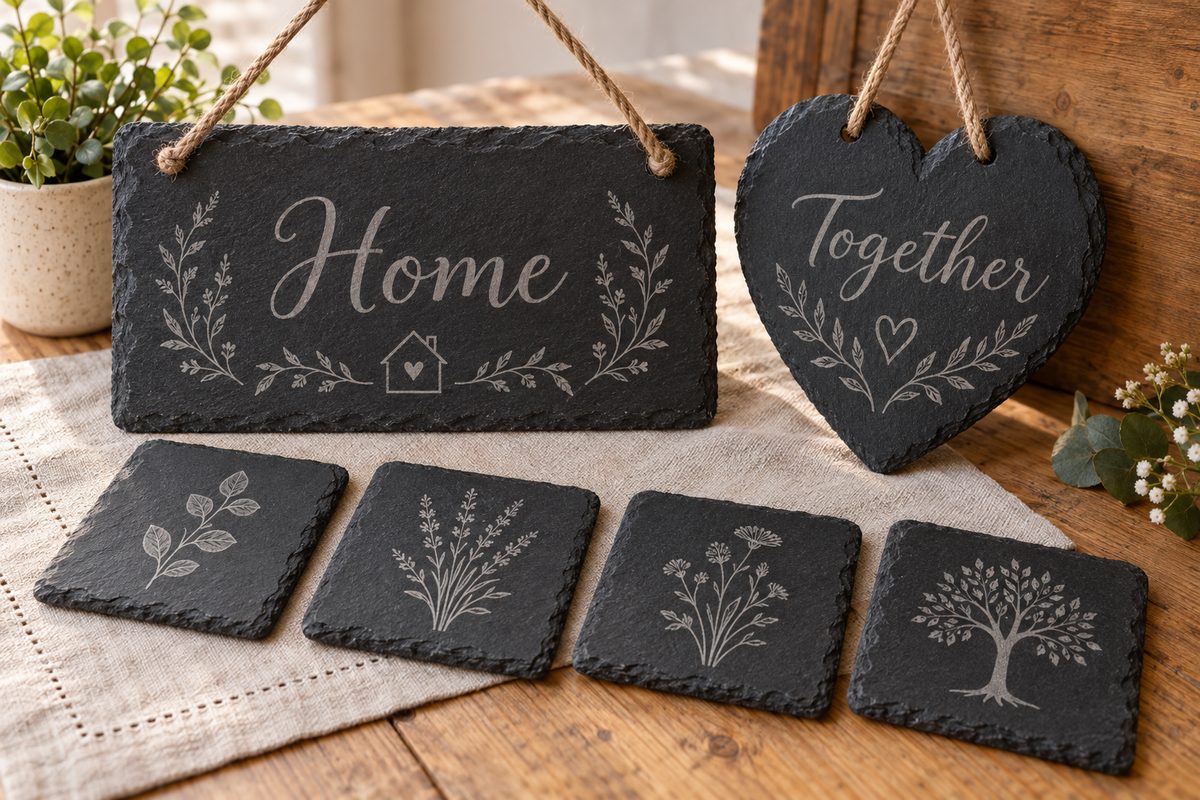 Illustrative personalised engraved slate gifts, plaque and coasters