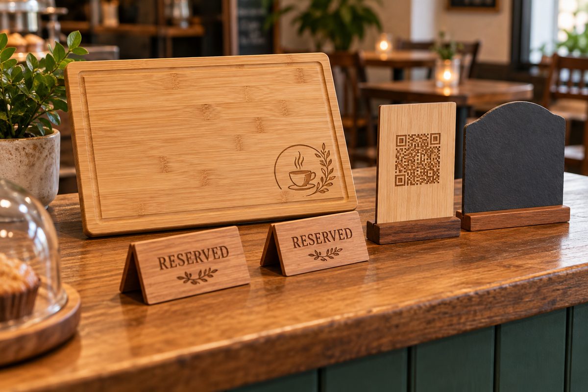 Illustrative engraved hospitality boards and table signs