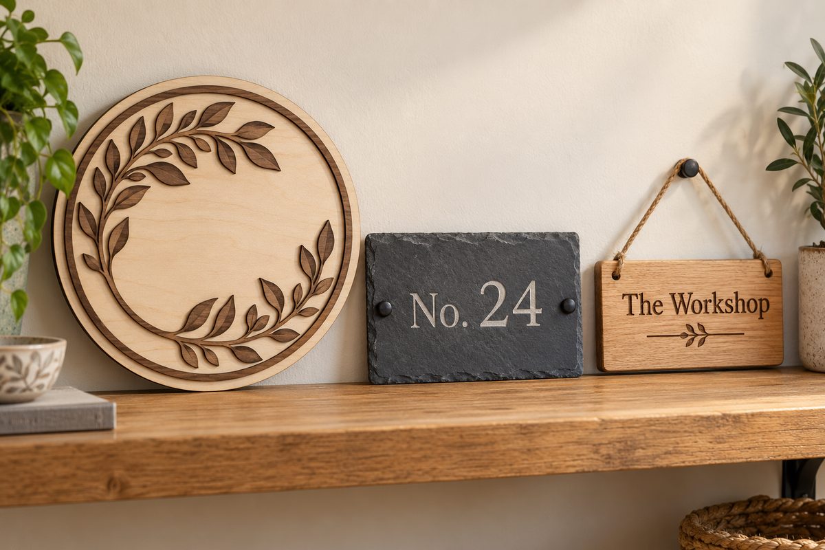 Illustrative personalised wooden and slate signs and plaques