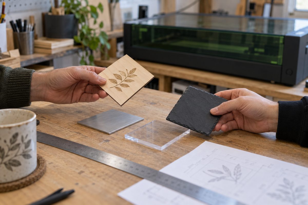 Illustrative consultation comparing possible materials for a laser engraving project