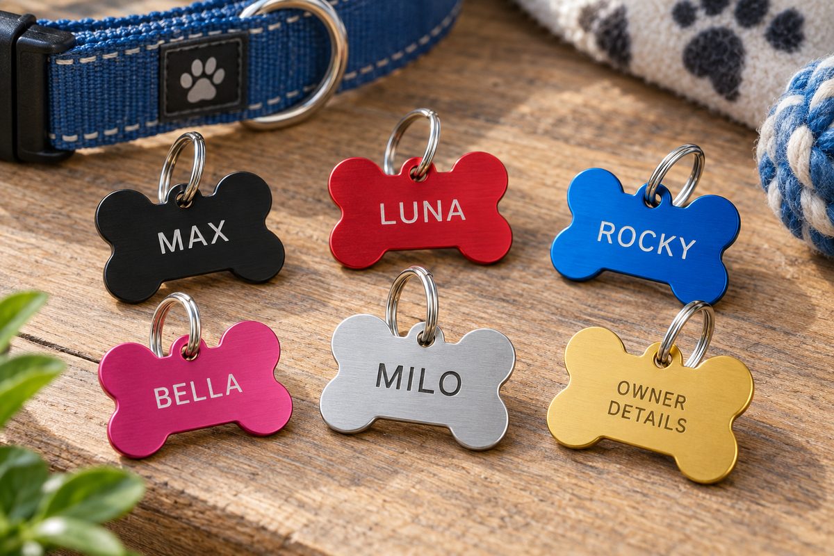 Illustrative coloured bone-shaped personalised pet tags