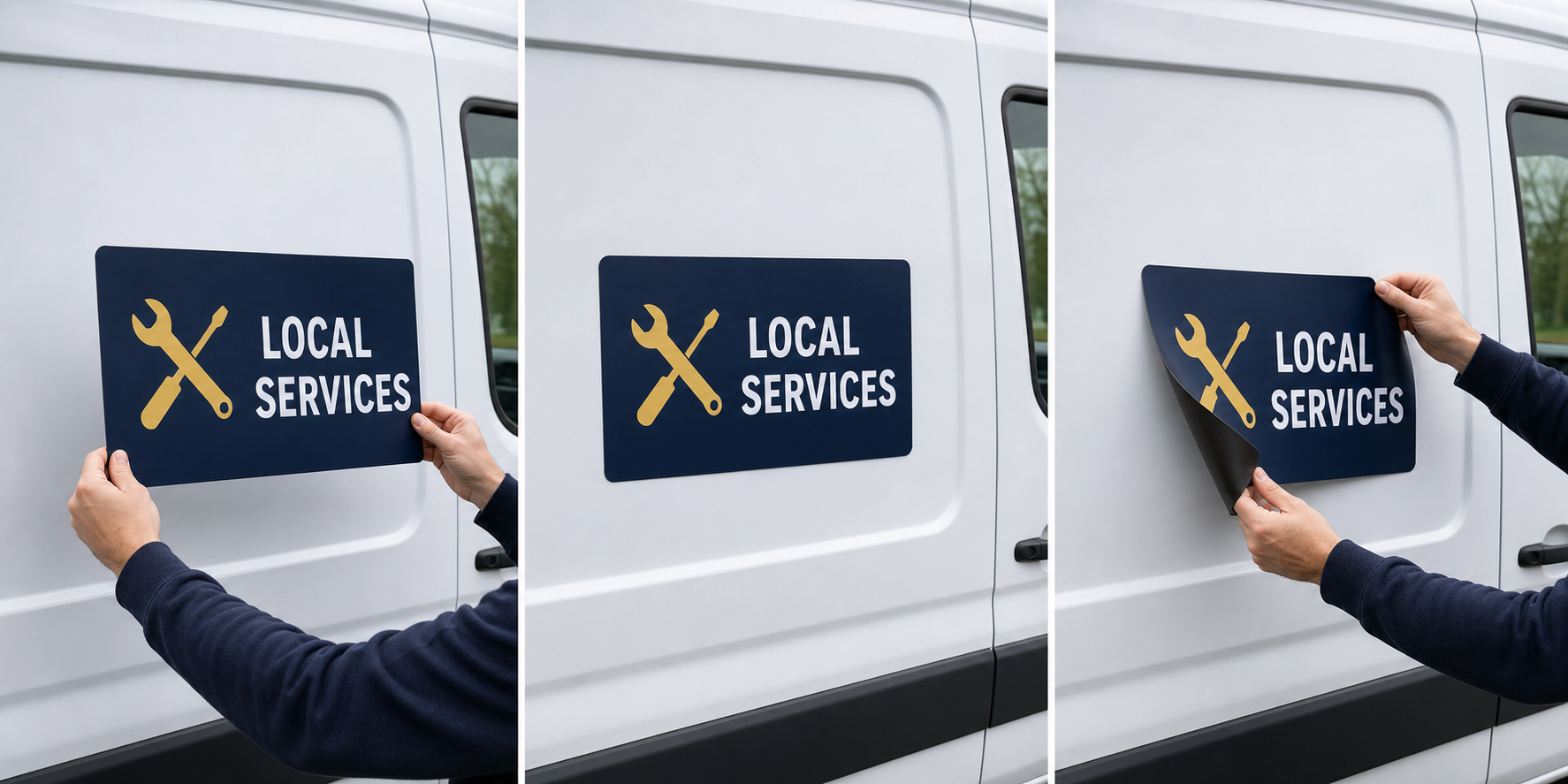 Three-stage illustration of a removable magnetic van sign before fitting, fully fitted and being removed