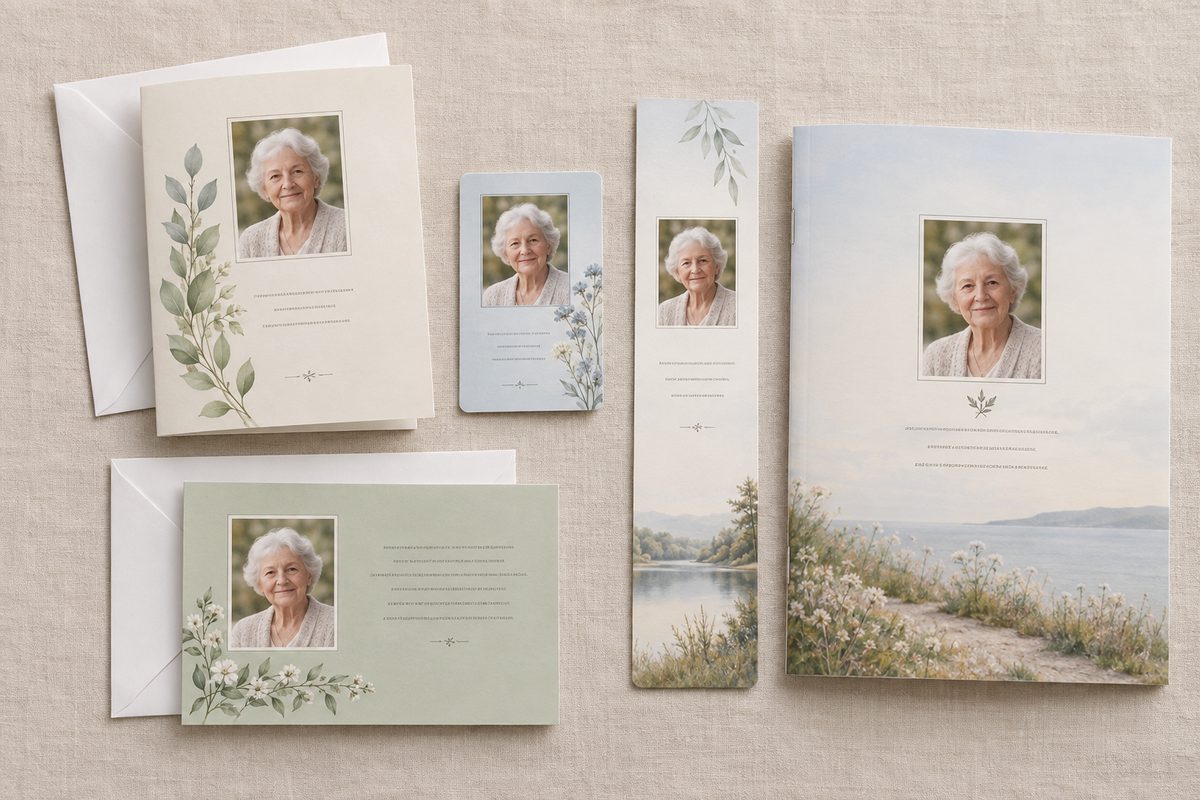 Coordinated memorial cards, wallet card, bookmark and booklet