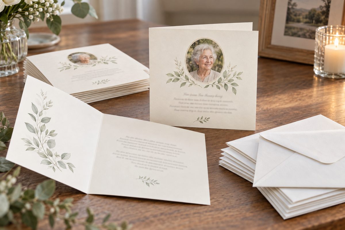 Folded personalised memorial cards with envelopes