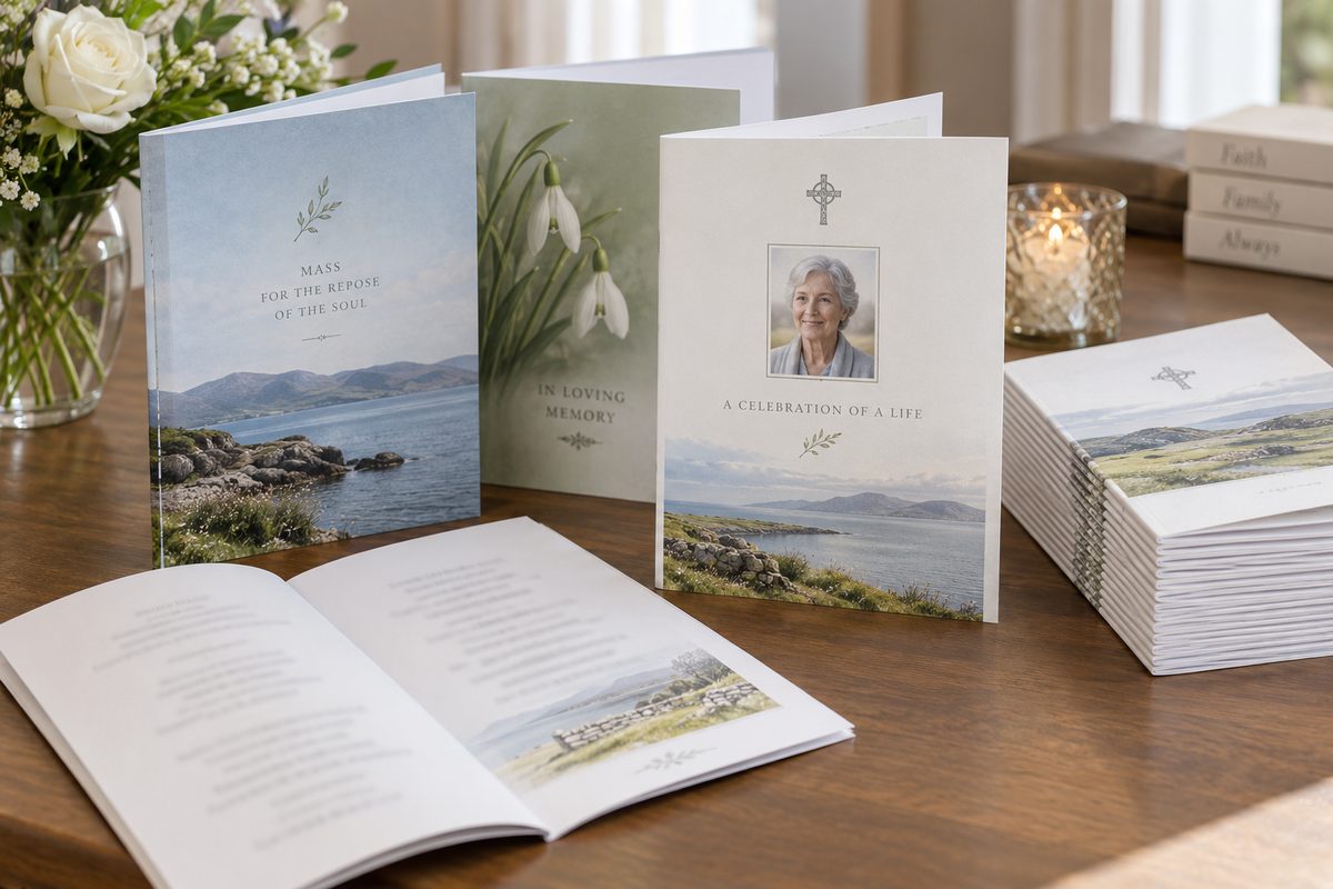 Printed funeral Mass booklet design examples