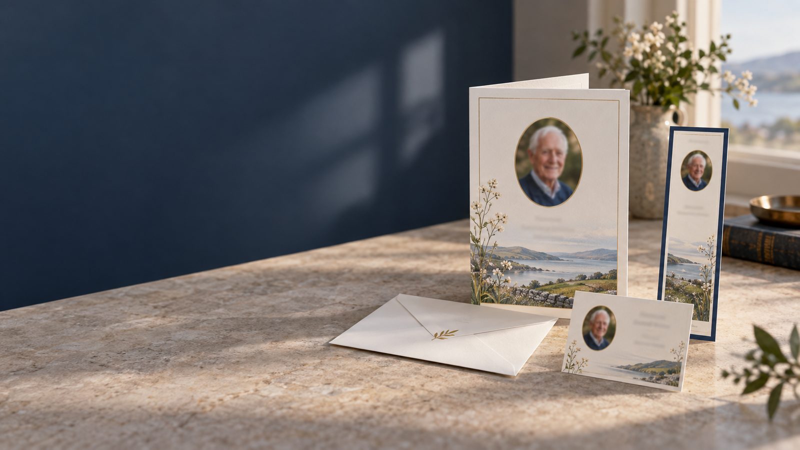 Coordinated memorial card, wallet card and bookmark designs
