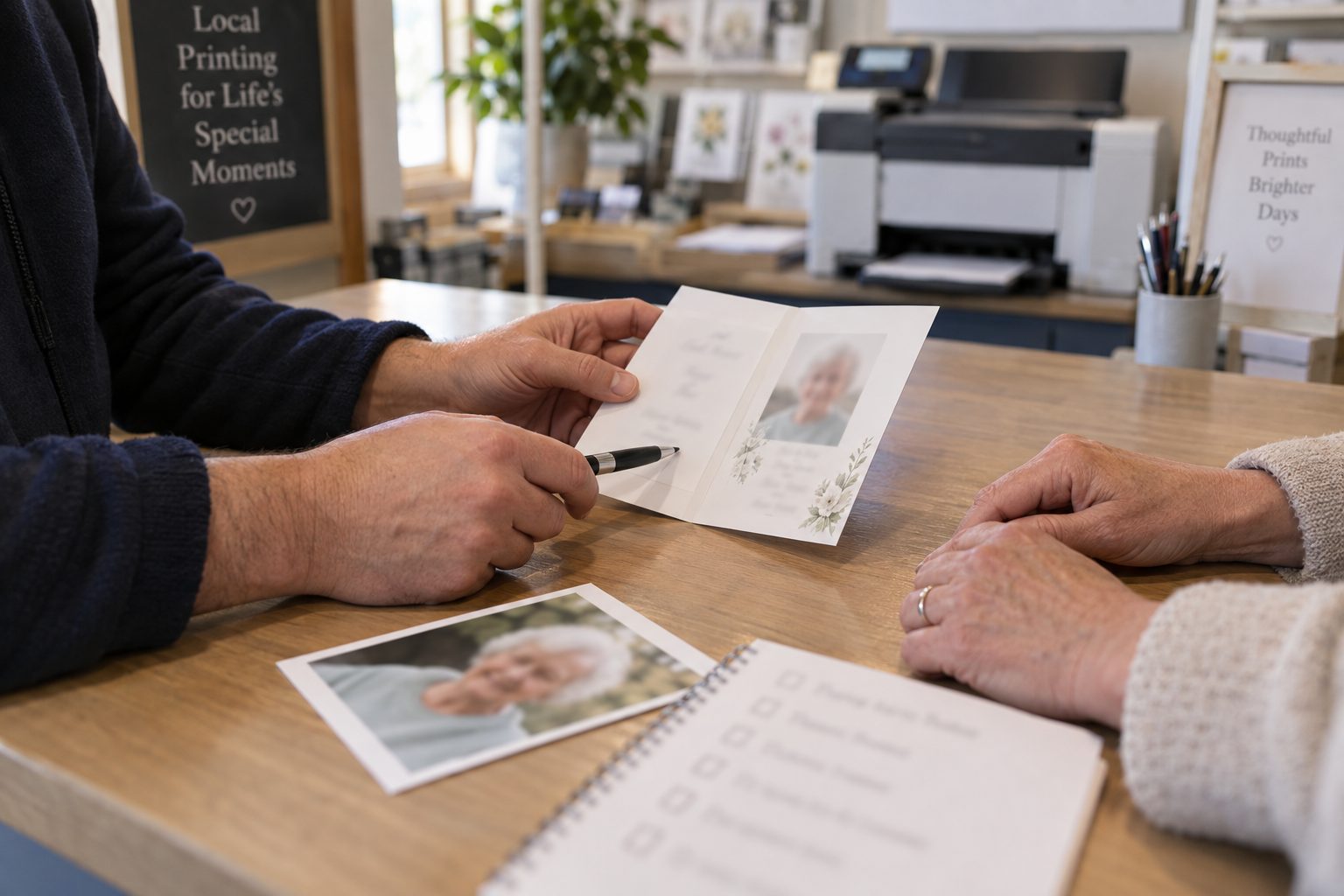 Discussing photographs and wording for a memorial card at a print counter