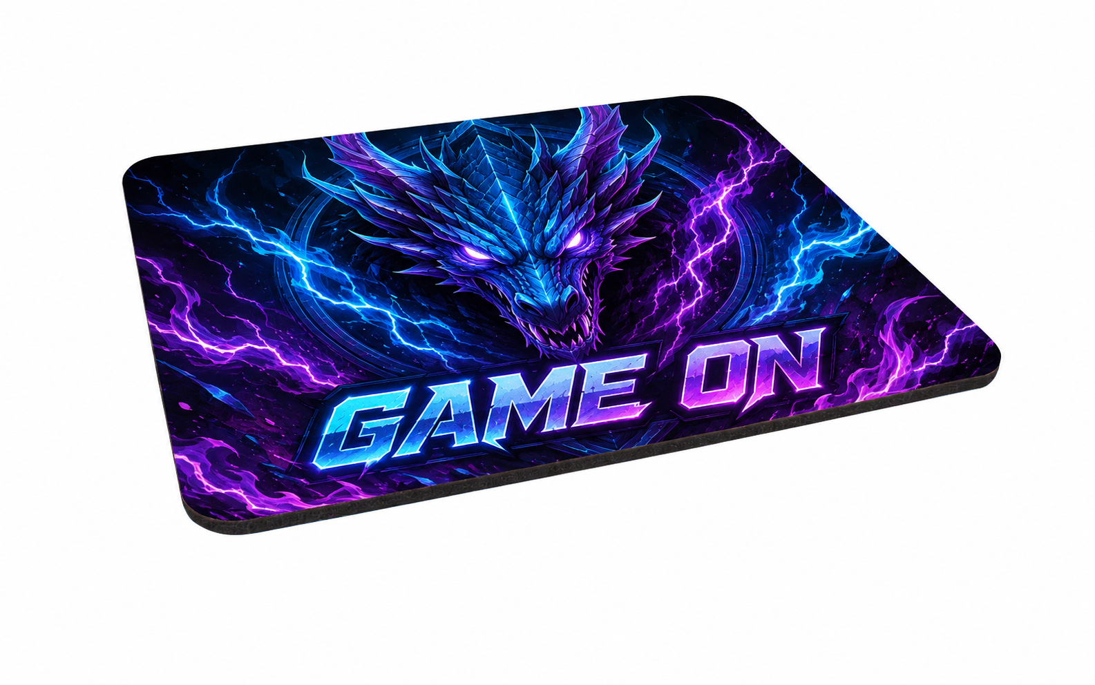 Gaming mouse mat personalised with colourful dragon artwork and Game On wording