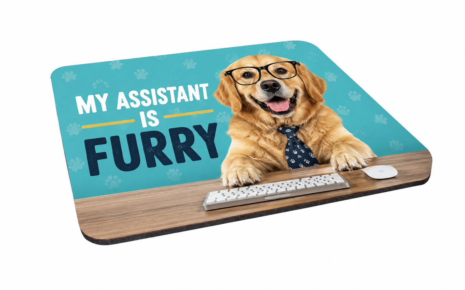 Personalised mouse mat featuring a pet photograph and My Assistant Is Furry wording