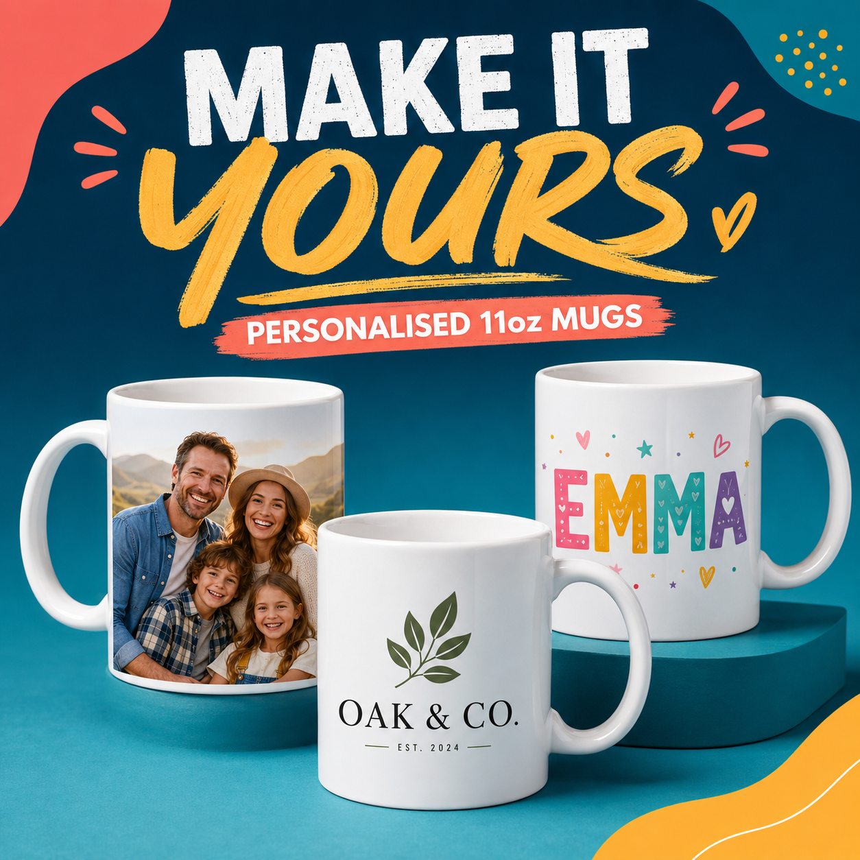 Promotional artwork showing personalised 11oz mug design examples