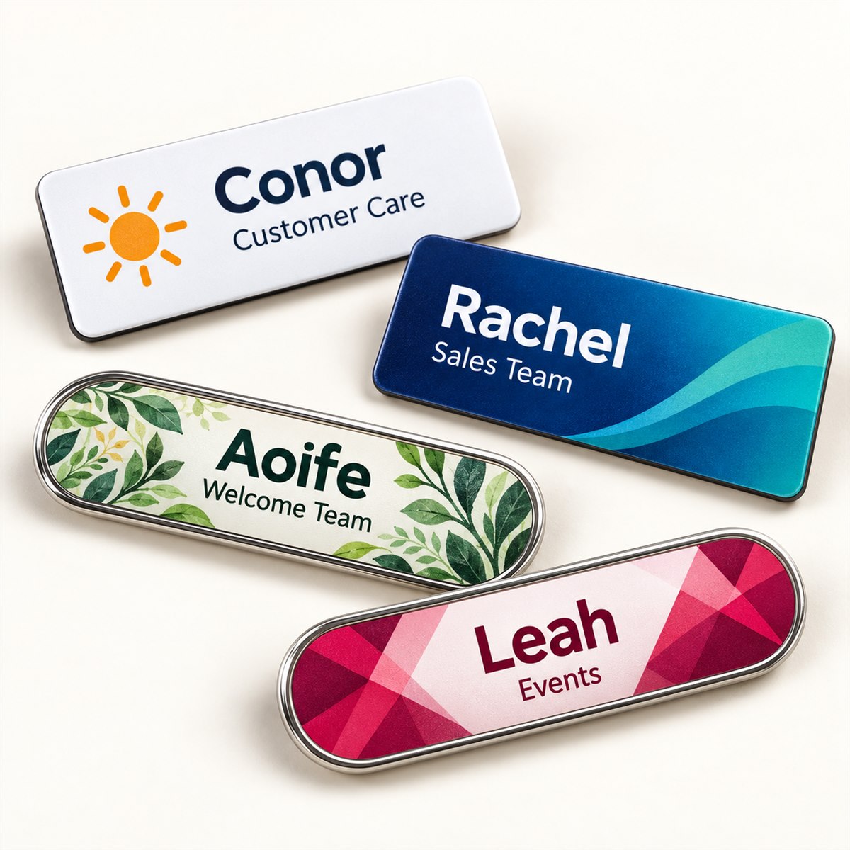 Examples of full-colour personalised staff name badge designs
