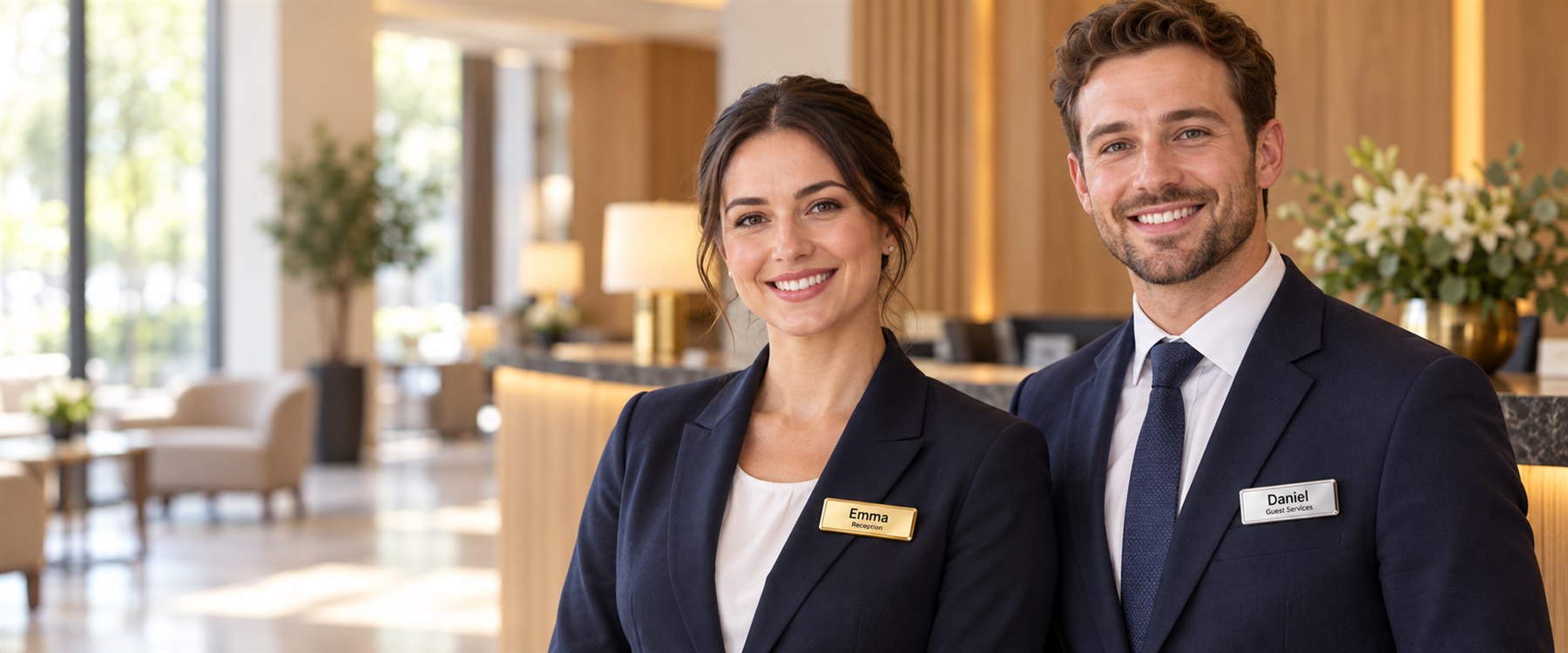 Customer-facing hotel staff wearing personalised name badges