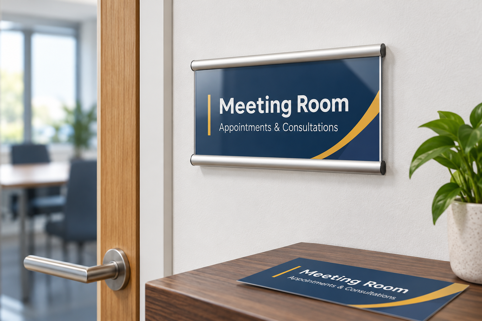 Changeable meeting-room sign in a silver aluminium holder