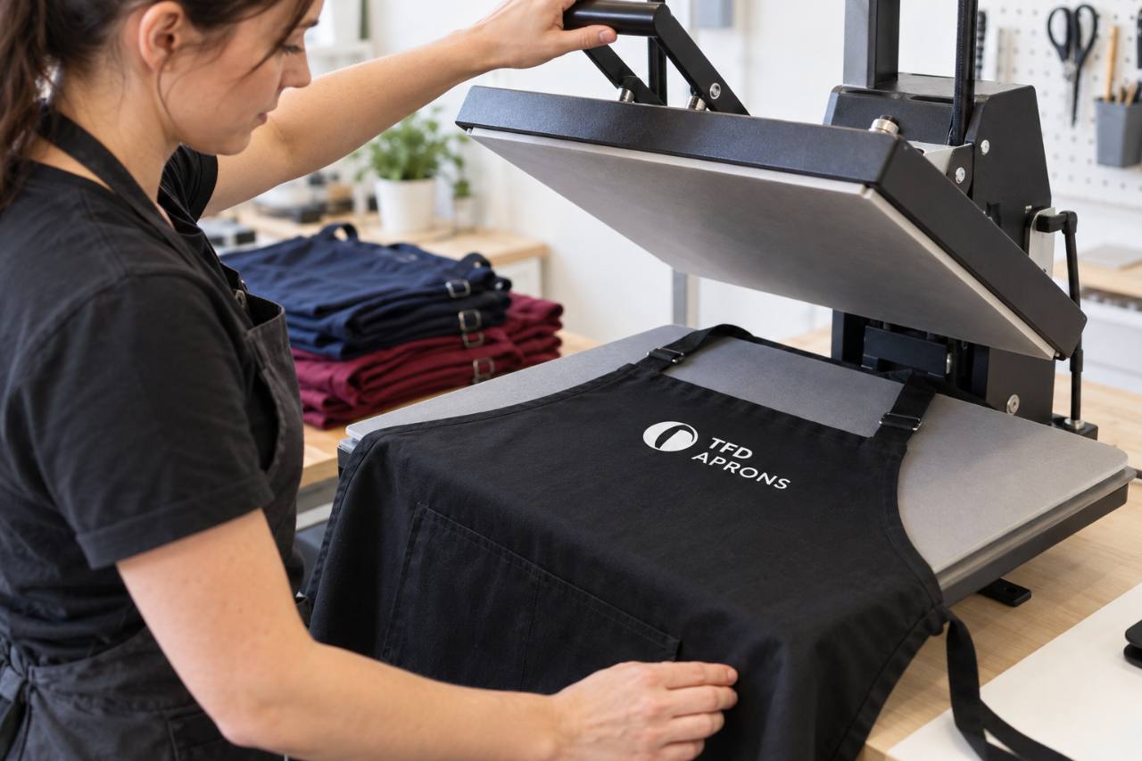 Representative heat-applied branding setup for a black apron