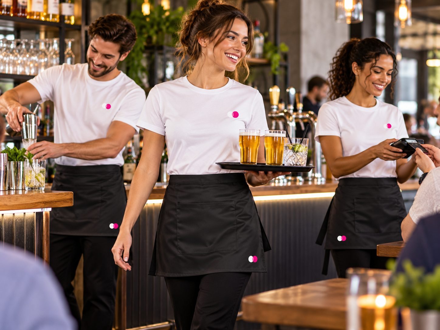 Bar team wearing matching black short waist aprons