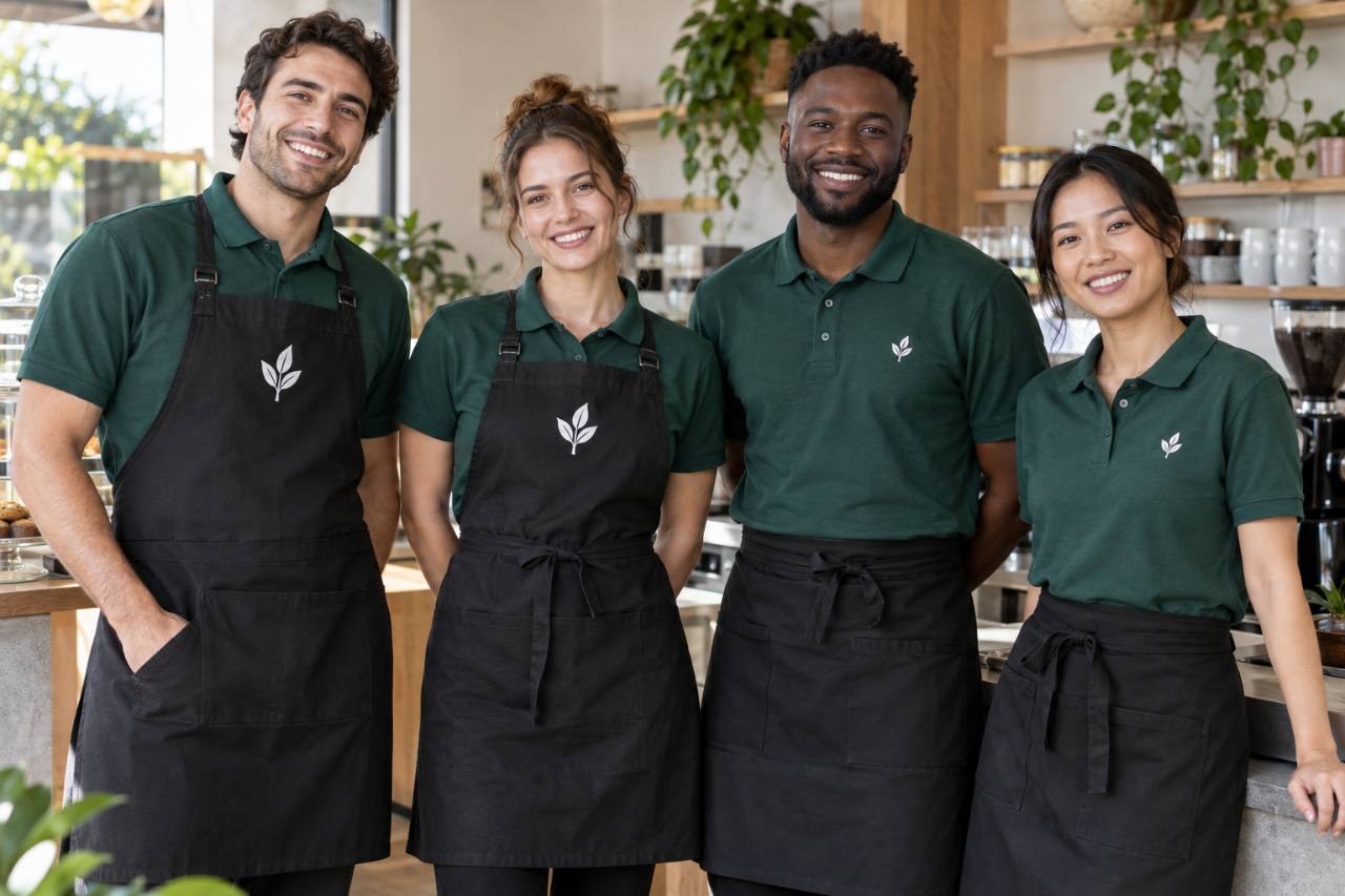 Representative café team wearing coordinated black aprons and green polo shirts