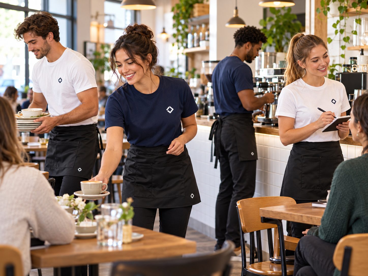 Café team wearing black waist aprons with branded tops