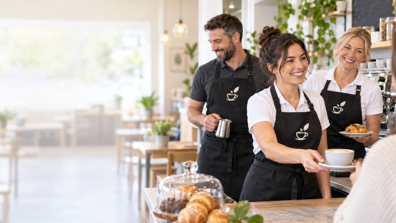 Representative café staff wearing coordinated black branded aprons