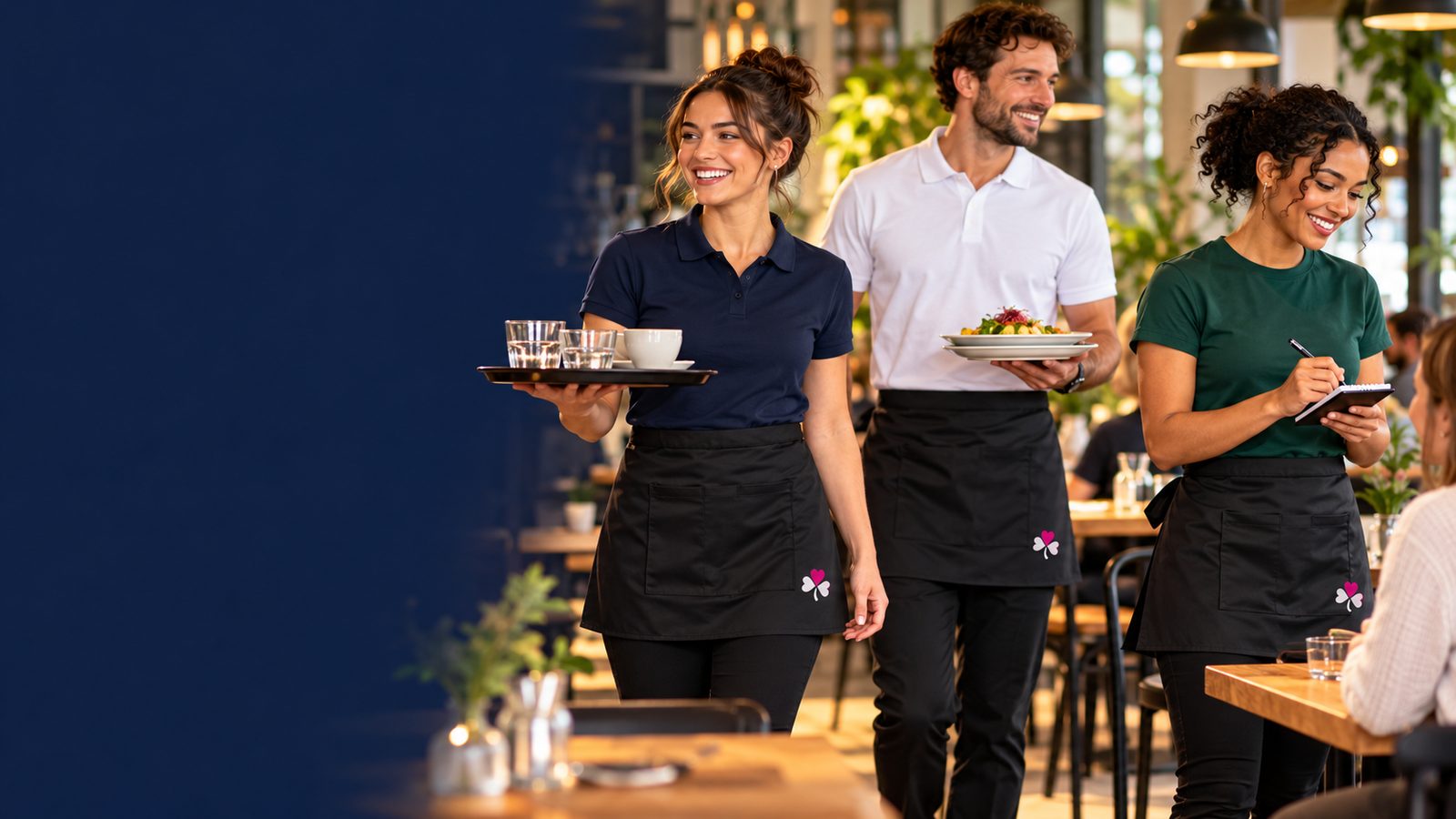 Café team wearing coordinated personalised black short waist aprons