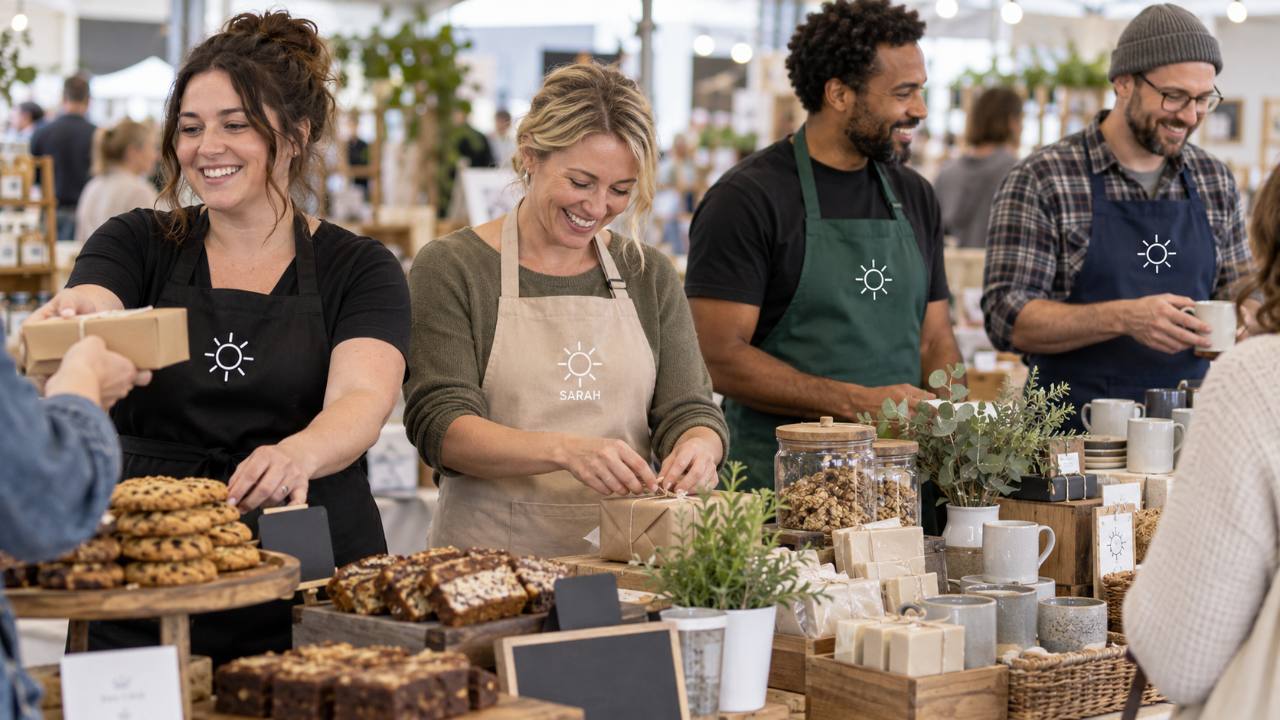 Representative makers and market traders wearing personalised aprons in several colours